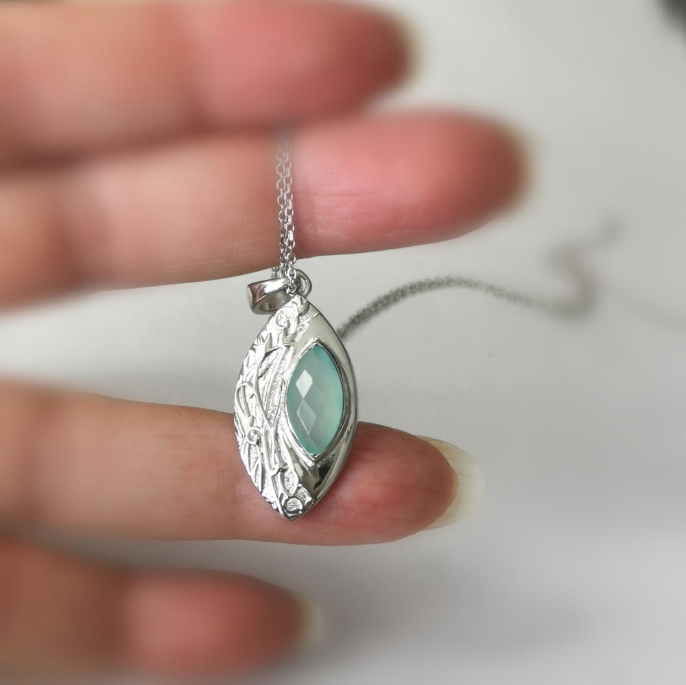 Aqua chalcedony pendant Necklace Art Nouveau Sterling Silver 🆕 - Picture 7 of 14